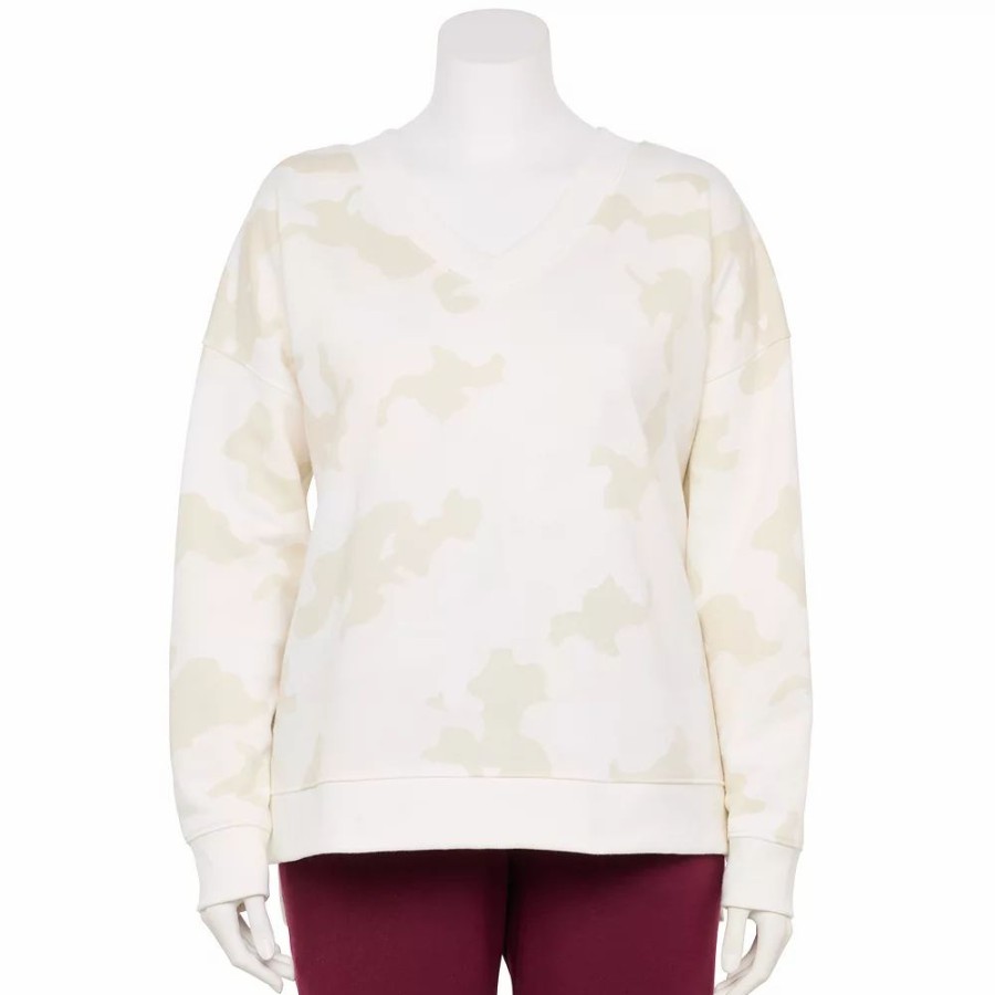 Clothing * | Plus Size Tek Gear Ultrasoft Fleece V-Neck Sweater White Camo