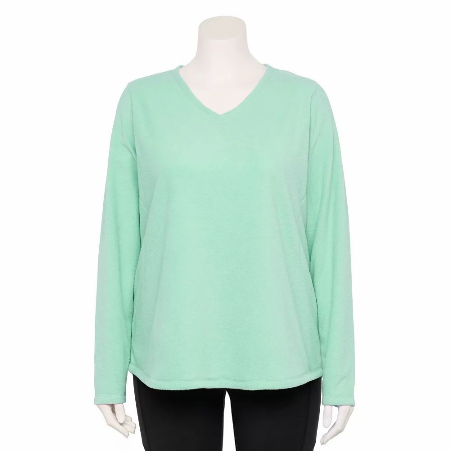 Clothing * | Plus Size Tek Gear Microfleece V-Neck Top Shy Green